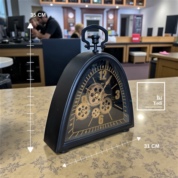 Chadrauc Siyah Metal Masa Saati – Dişli Çarklı Retro Tasarım, Dekoratif Salon ve Ofis Saati Hediye