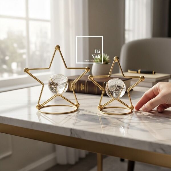 Jansheu Altın Yıldız Metal Obje Seti, Cam Küreli Modern Masa Üstü Dekor Ev Ofis Hediyelik Aksesuar