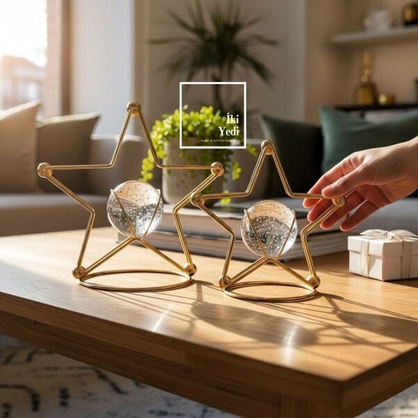 Jansheu Altın Yıldız Metal Obje Seti, Cam Küreli Modern Masa Üstü Dekor Ev Ofis Hediyelik Aksesuar