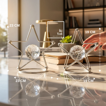 Jansheu Gümüş Yıldız Metal Obje Seti Cam Küreli Modern Masaüstü Dekor Ev Ofis Hediyelik Aksesuar
