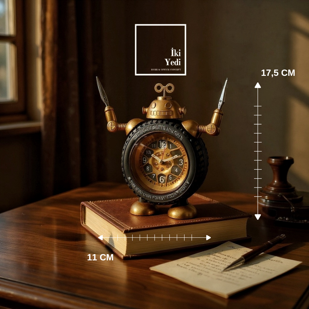 Robot Figürlü Masa Saati | Dekoratif Retro Saat | Ofis Ev İçin Şık Hediyelik Saat Obje Not Tutuculu