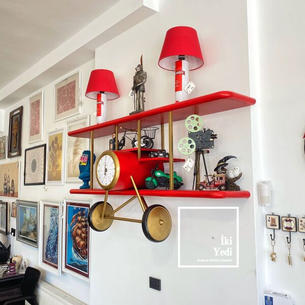 Utopus Dev Metal Uçak Raf 185 Cm Retro Dekor Cafe Vintage Duvar Dekorasyonu Sıradışı Özel Kırmızı Saatli Girişe Büyük Obje Maket
