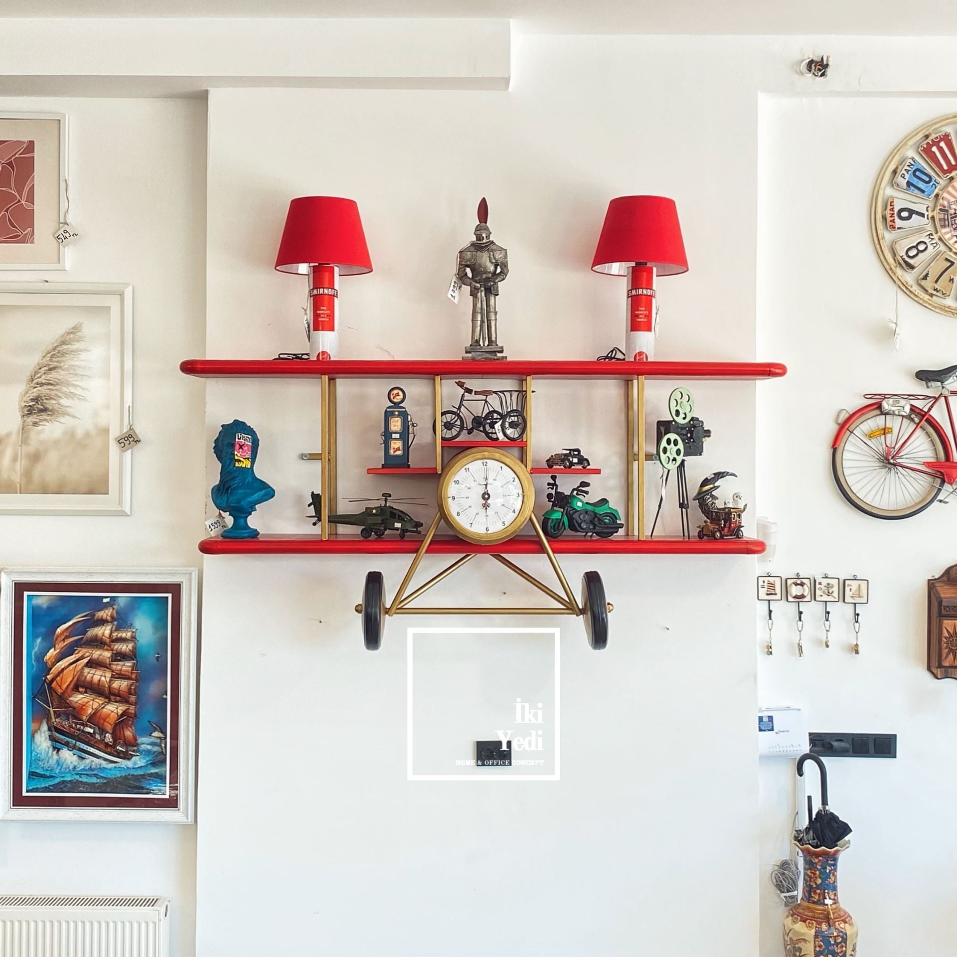 Utopus Dev Metal Uçak Raf 185 Cm Retro Dekor Cafe Vintage Duvar Dekorasyonu Sıradışı Özel Kırmızı Saatli Girişe Büyük Obje Maket