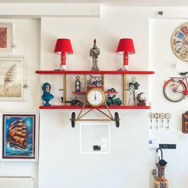 Utopus Dev Metal Uçak Raf 185 Cm Retro Dekor Cafe Vintage Duvar Dekorasyonu Sıradışı Özel Kırmızı Saatli Girişe Büyük Obje Maket