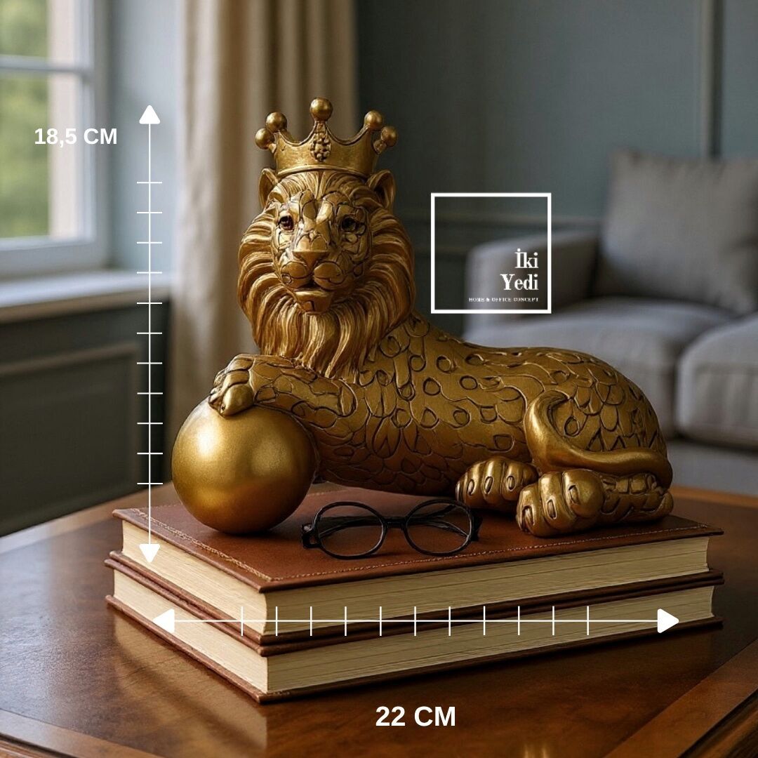 Anthony Taçlı Aslan Heykeli Altın Renk Aslan Figürü Ofis Dekoru Kral Aslan Obje Ev Ofis Dekoratif