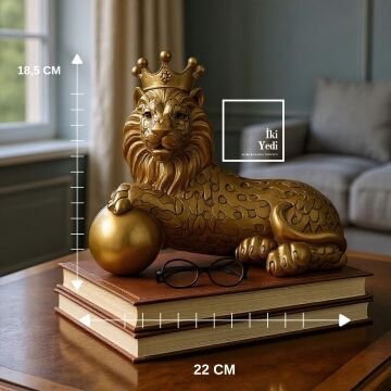 Anthony Taçlı Aslan Heykeli Altın Renk Aslan Figürü Ofis Dekoru Kral Aslan Obje Ev Ofis Dekoratif