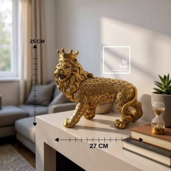 Anthony Aslan Heykeli Taçlı Altın Renkli Dekoratif Aslan Figürü Ev Ofis Aksesuarı Hediyelik Biblo