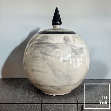 Monza 77-1 Mermer Desenli Kapaklı Seramik Küp, Siyah Beyaz Dekoratif Obje, Ev Ofis Aksesuarı