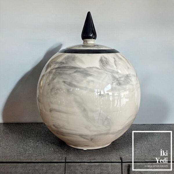 Monza 77-1 Mermer Desenli Kapaklı Seramik Küp, Siyah Beyaz Dekoratif Obje, Ev Ofis Aksesuarı