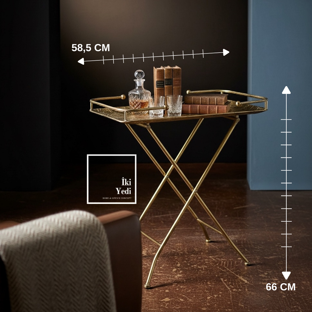 Hermachus Katlanabilir Bronz Eskitme Metal Servis Sehpası Dekoratif Tepsi Masa Salon Ofis Yan Sehpa