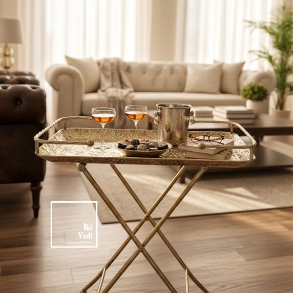Hermachus Katlanabilir Bronz Eskitme Metal Servis Sehpası Dekoratif Tepsi Masa Salon Ofis Yan Sehpa