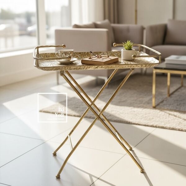 Hermachus Katlanabilir Bronz Eskitme Metal Servis Sehpası Dekoratif Tepsi Masa Salon Ofis Yan Sehpa