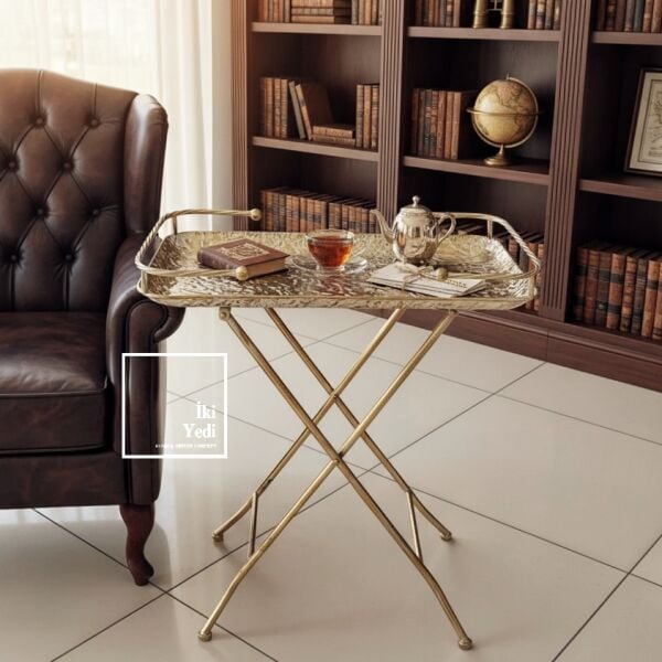 Hermachus Katlanabilir Bronz Eskitme Metal Servis Sehpası Dekoratif Tepsi Masa Salon Ofis Yan Sehpa
