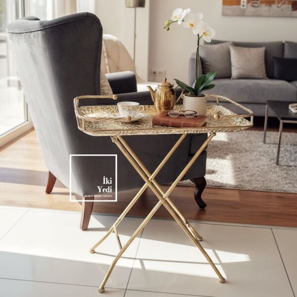 Hermachus Katlanabilir Bronz Eskitme Metal Servis Sehpası Dekoratif Tepsi Masa Salon Ofis Yan Sehpa