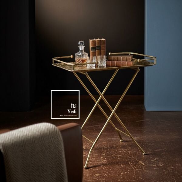 Hermachus Katlanabilir Bronz Eskitme Metal Servis Sehpası Dekoratif Tepsi Masa Salon Ofis Yan Sehpa
