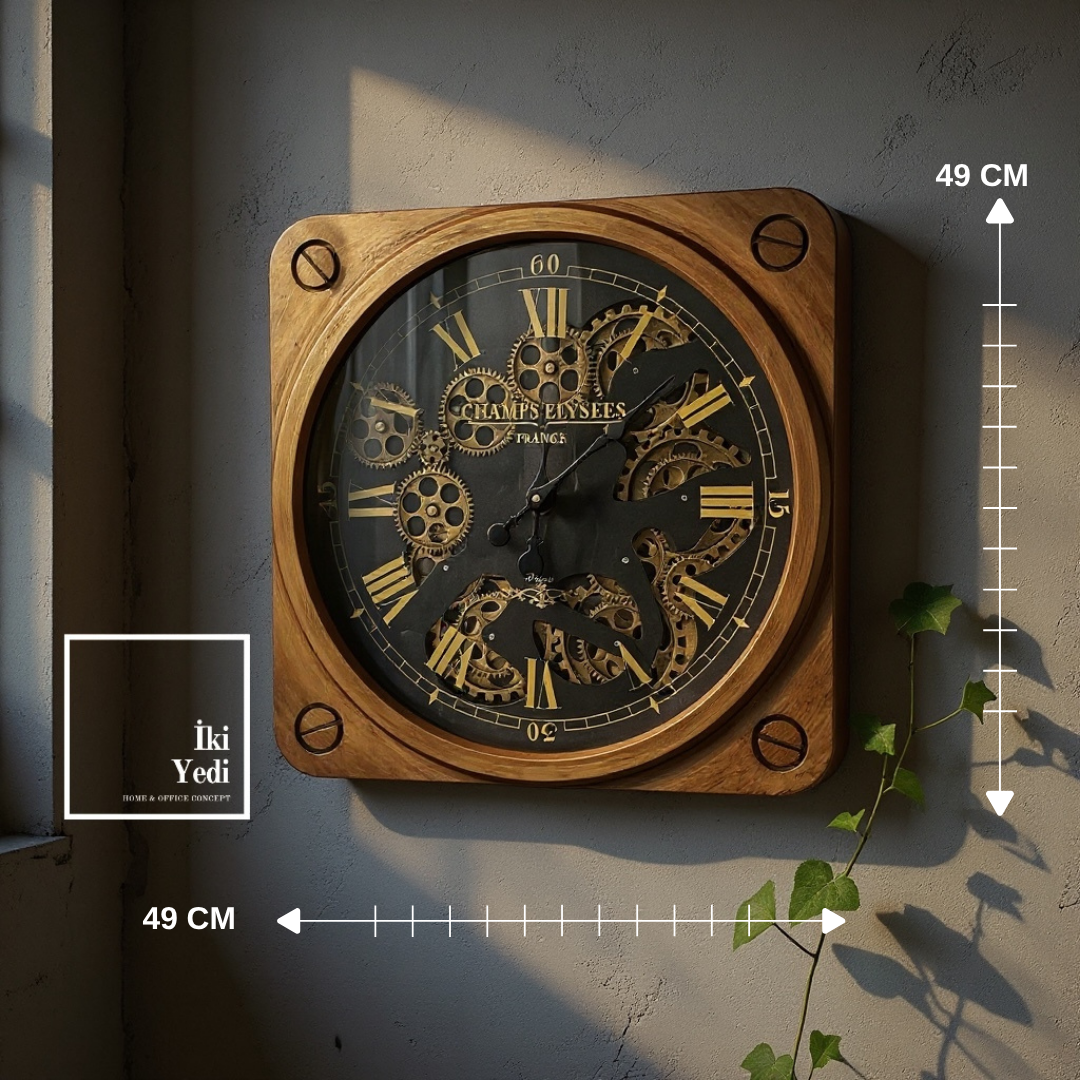 Umberto 50 cm Kare Döner Çarklı Mekanizmalı Duvar Saati Retro Endüstriyel Ofis Ev Duvar Dekoru Gift