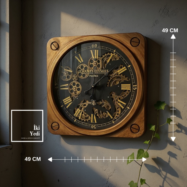 Umberto 50 cm Kare Döner Çarklı Mekanizmalı Duvar Saati Retro Endüstriyel Ofis Ev Duvar Dekoru Gift