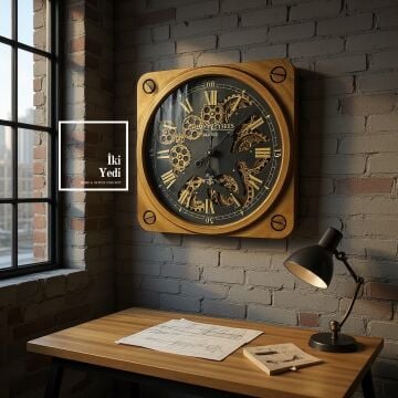 Umberto 50 cm Kare Döner Çarklı Mekanizmalı Duvar Saati Retro Endüstriyel Ofis Ev Duvar Dekoru Gift