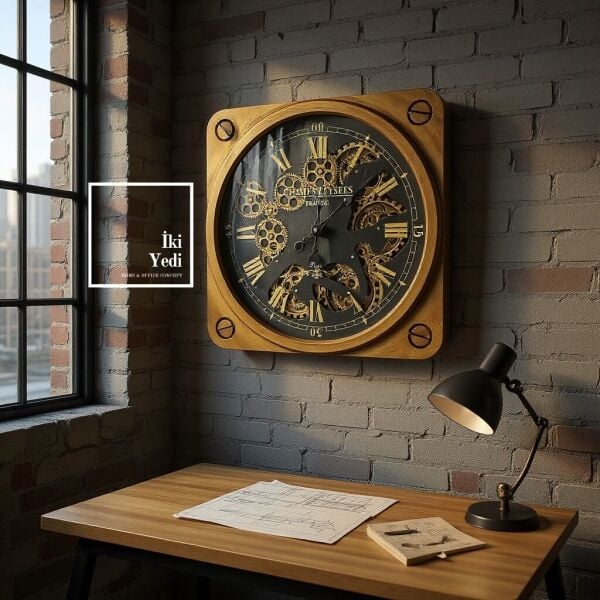Umberto 50 cm Kare Döner Çarklı Mekanizmalı Duvar Saati Retro Endüstriyel Ofis Ev Duvar Dekoru Gift