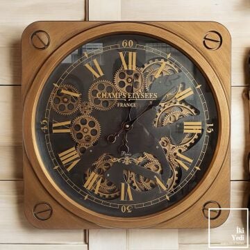 Umberto 50 cm Kare Döner Çarklı Mekanizmalı Duvar Saati Retro Endüstriyel Ofis Ev Duvar Dekoru Gift