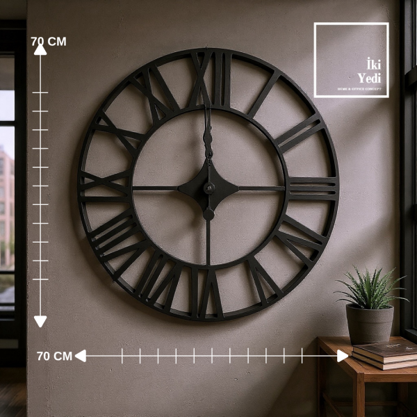 Moine 70 cm Metal Roma Rakamlı Duvar Saati Endüstriyel Büyük Duvar Saati Siyah Loft Saat Ev Ofis