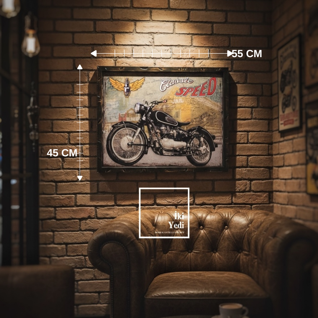 Vintage Motosiklet Kabartmalı Metal Tablo 55x45 cm Retro Duvar Dekoru Ofis Bar Garaj Motor Tutkunu