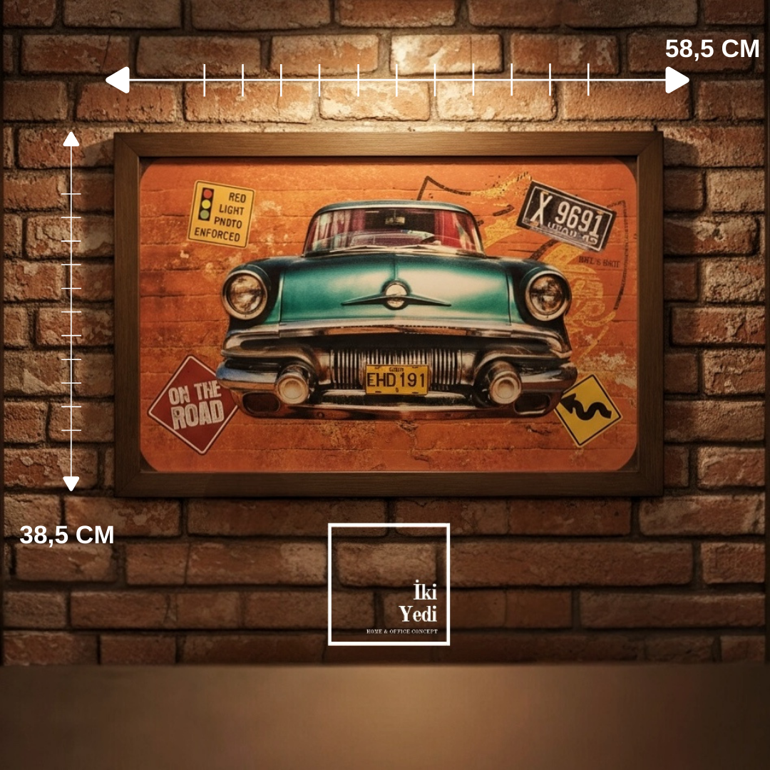 Vintage Klasik Araba Kabartmalı Metal Tablo 58x38,5 cm Retro Duvar Dekoru Ofis Bar Garaj Genç Odası