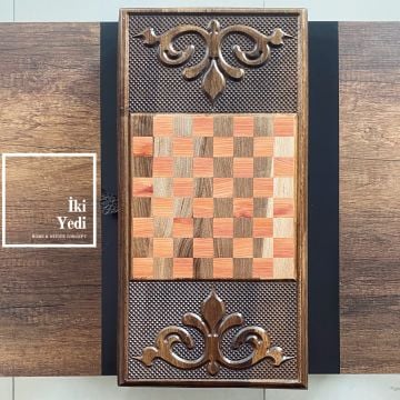 Su Dalgası Efektli Oymalı Timsahlı Masif Ahşap Tavla Takımı Ahşap Satranç ve Dama Çift Taraflı