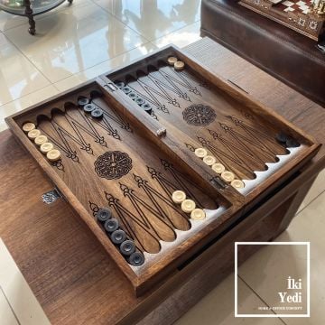 Su Dalgası Efektli Oymalı Timsahlı Masif Ahşap Tavla Takımı Ahşap Satranç ve Dama Çift Taraflı