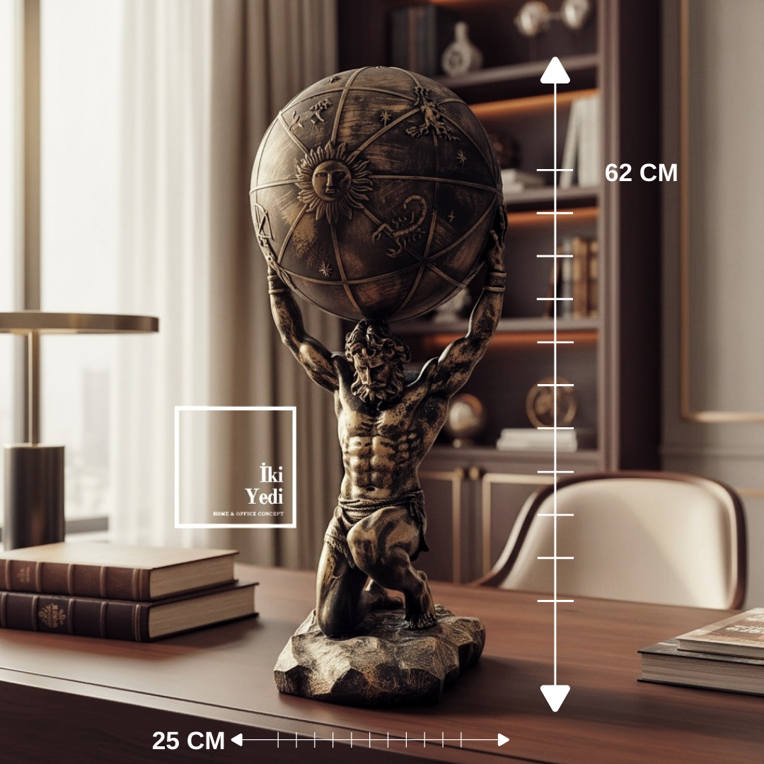 Atlas Dünya Heykeli 62 cm, Mitolojik Güç Temalı Dekoratif Obje, Ofis ve Salon Aksesuarı Hediyelik