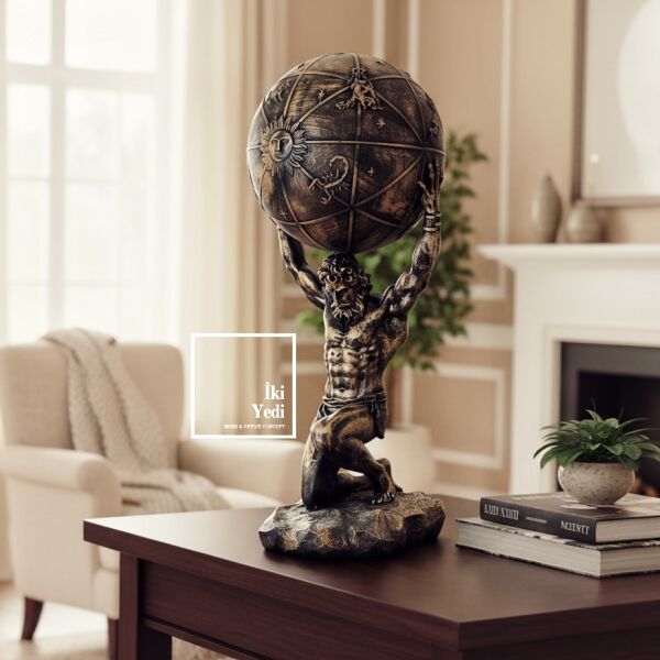 Atlas Dünya Heykeli 62 cm, Mitolojik Güç Temalı Dekoratif Obje, Ofis ve Salon Aksesuarı Hediyelik