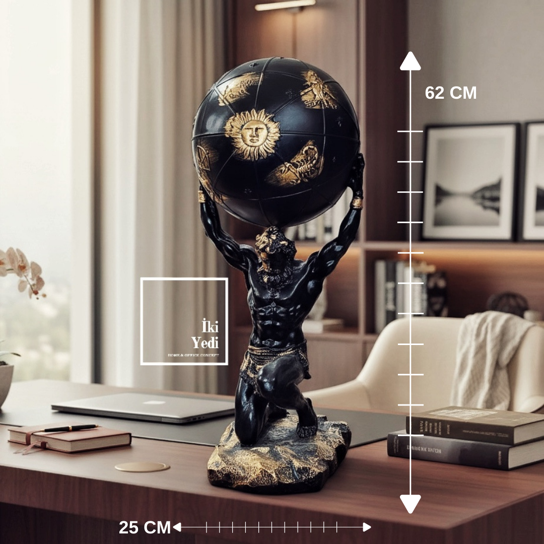 Siyah Atlas Dünya Heykeli 62 cm, Mitolojik Temalı Lüks Ofis ve Salon Dekoratif Obje Hediyelik Eşya