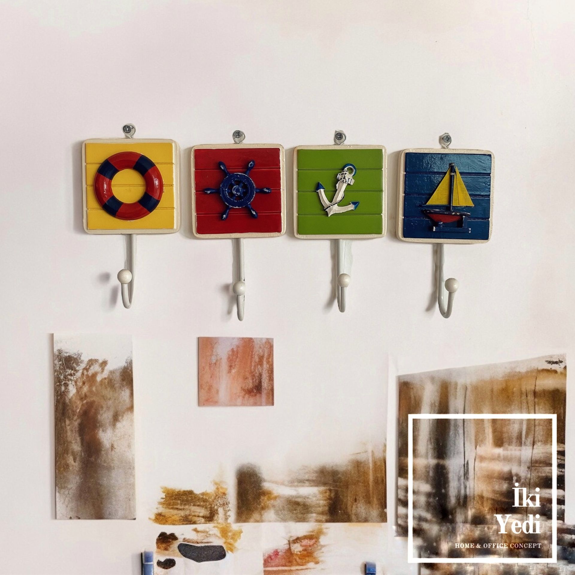 Gharbi 4’lü Denizcilik Temalı Askılık Seti – Yelkenli Çapa Simit Dümen Duvar Dekoru Hediyelik