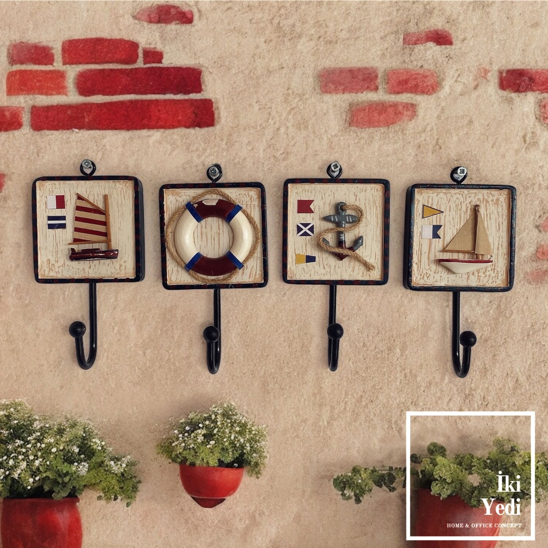 Mischa 4'lü Dekoratif Askılık Duvar Askısı Renkli Denizcilik Dekoru Yaz Sezonu Can Simidi Yelkenli Gemi Dümeni Çapa Sıcak Hediyelik Eşyalar