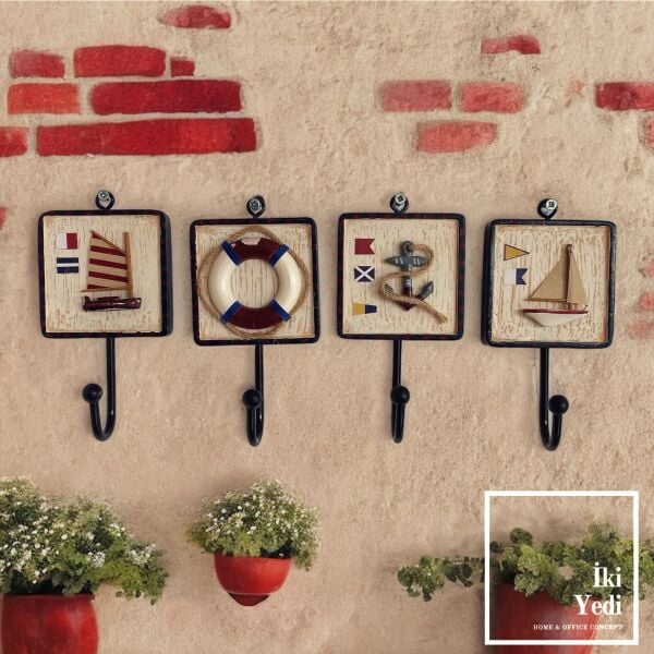 Mischa 4'lü Dekoratif Askılık Duvar Askısı Renkli Denizcilik Dekoru Yaz Sezonu Can Simidi Yelkenli Gemi Dümeni Çapa Sıcak Hediyelik Eşyalar