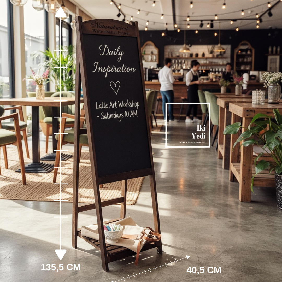 Ahşap Ayaklı Menü Yazı Tahtası 135,5 cm Cafe Restoran Workshop Sunum ve Duyuru Panosu Çok Amaçlı İş