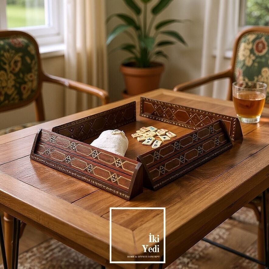 Treton Mozaik İşlemeli Masif Ahşap Okey Takımı Antik Okey Takımı, El İşçiliği Lüks Hediye Unutulmaz