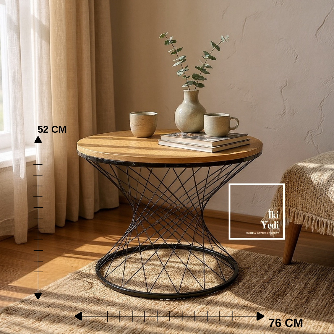 Şimşek 76 cm Yuvarlak Çam Renkli Metal Pota Ayaklı Orta Sehpa Modern Ev ve Ofis Sehpası Salon Dekor