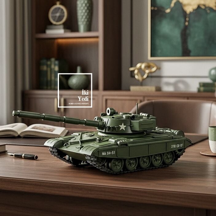 Valerius Askeri Tank Maketi 34 cm Dekoratif Obje, Ofis Masaüstü Askeri Temalı Hediyelik Model Yeşil