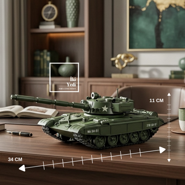 Valerius Askeri Tank Maketi 34 cm Dekoratif Obje, Ofis Masaüstü Askeri Temalı Hediyelik Model Yeşil