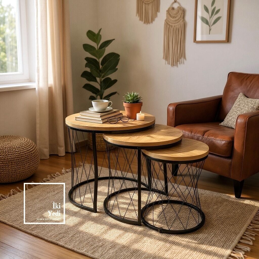 Şimşek Çam Renkli Metal Pota Ayaklı Zigon Sehpa Seti, 3’lü Modern Orta Sehpa Takımı Ev Ofis Servis