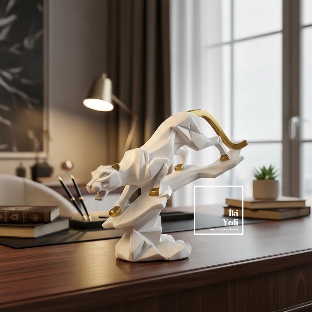 Heinlein Beyaz Altın Panter Heykeli 26x21 cm Modern Dekoratif Güç ve Zarafet Ev Ofis Objesi Hediye