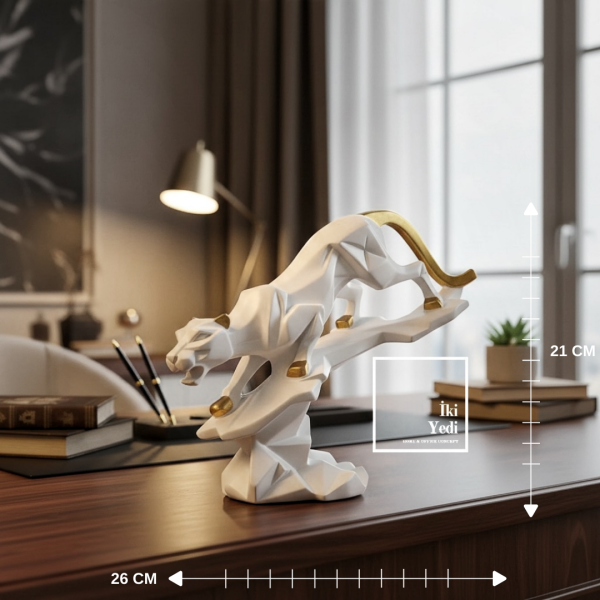Heinlein Beyaz Altın Panter Heykeli 26x21 cm Modern Dekoratif Güç ve Zarafet Ev Ofis Objesi Hediye