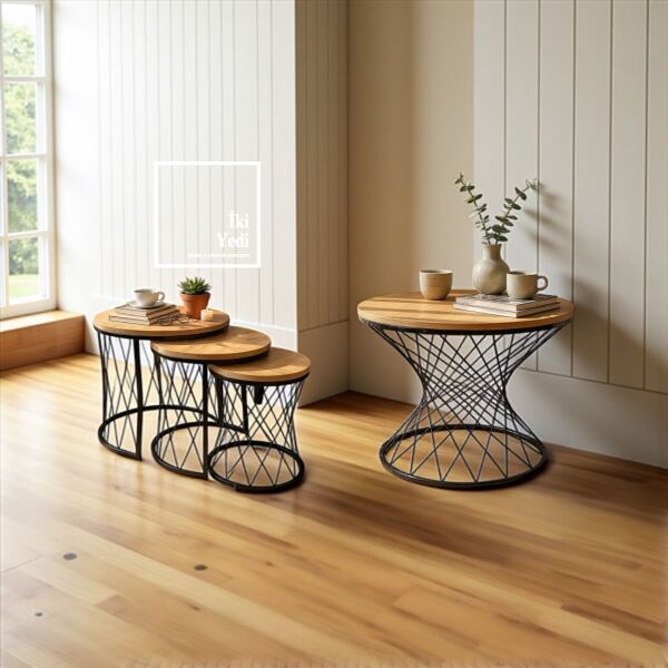 Şimşek Çam Renkli Metal Pota Ayaklı Orta ve Zigon Sehpa Seti 4’lü Modern Sehpa Takımı Ev Ofis Salon