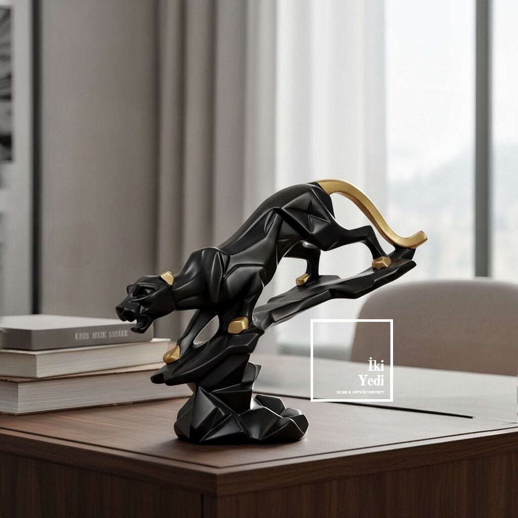 Heinlein Siyah Altın Panter Heykeli 26x21 cm Modern Güç Temalı Dekoratif Ev Ofis Masa Objesi Hediye