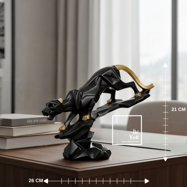 Heinlein Siyah Altın Panter Heykeli 26x21 cm Modern Güç Temalı Dekoratif Ev Ofis Masa Objesi Hediye