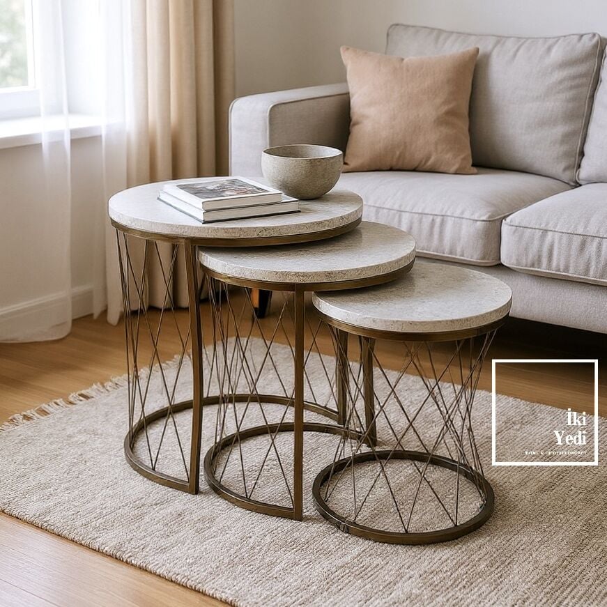 Şimşek Traverten Renkli Bronz Eskitme Metal Pota Ayaklı Zigon Sehpa Seti, 3’lü Modern Tasarım Salon