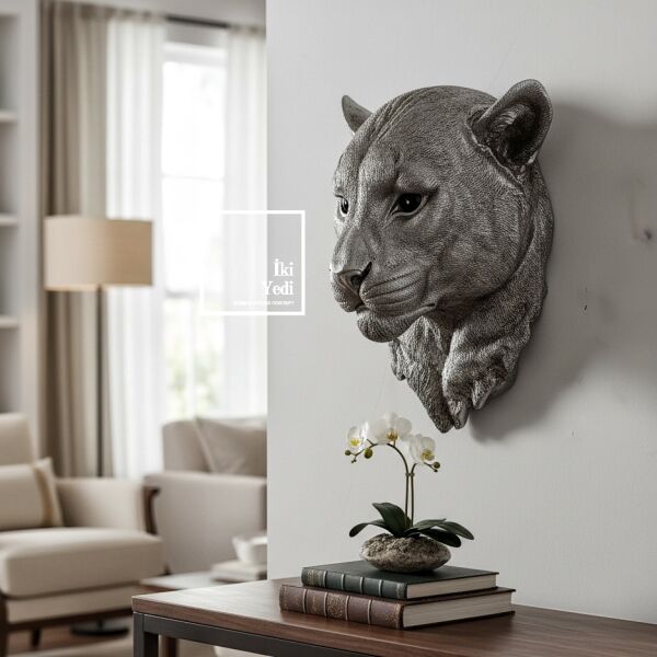 Paulinus Gümüş Panter Duvar Heykeli 40x31 cm, Modern Salon Ofis Duvar Dekoru Güç ve Prestij Objesi