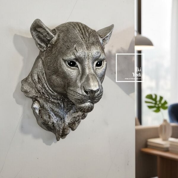 Paulinus Gümüş Panter Duvar Heykeli 40x31 cm, Modern Salon Ofis Duvar Dekoru Güç ve Prestij Objesi
