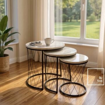 Şimşek Traverten Renkli Siyah Metal Pota Ayaklı Zigon Sehpa Seti, 3’lü Modern Tasarım Salon Ofis Ev